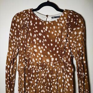 ZARA Printed Dress with Ruffles - Brown - Size Medium